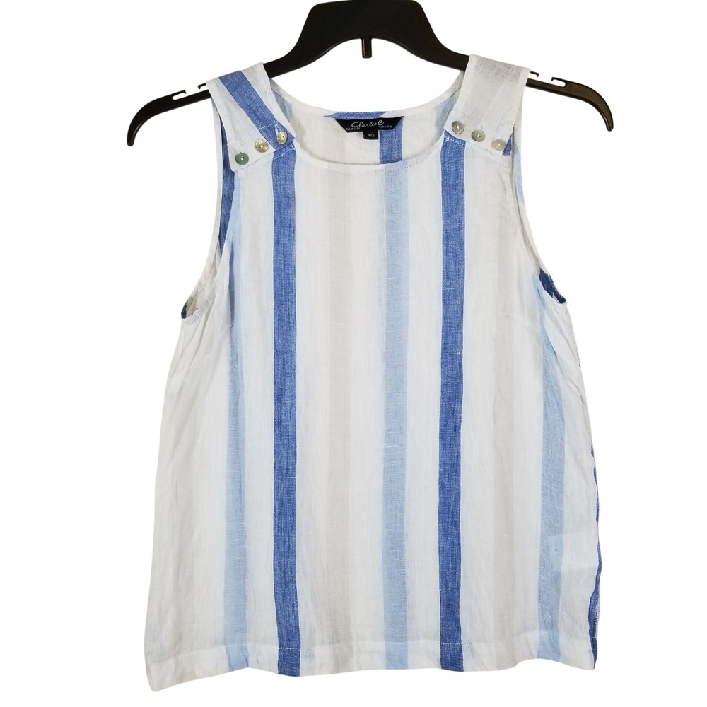 Charlie B Tank Top Women P/S Blue White Striped Linen Button Shoulder C4544-843B